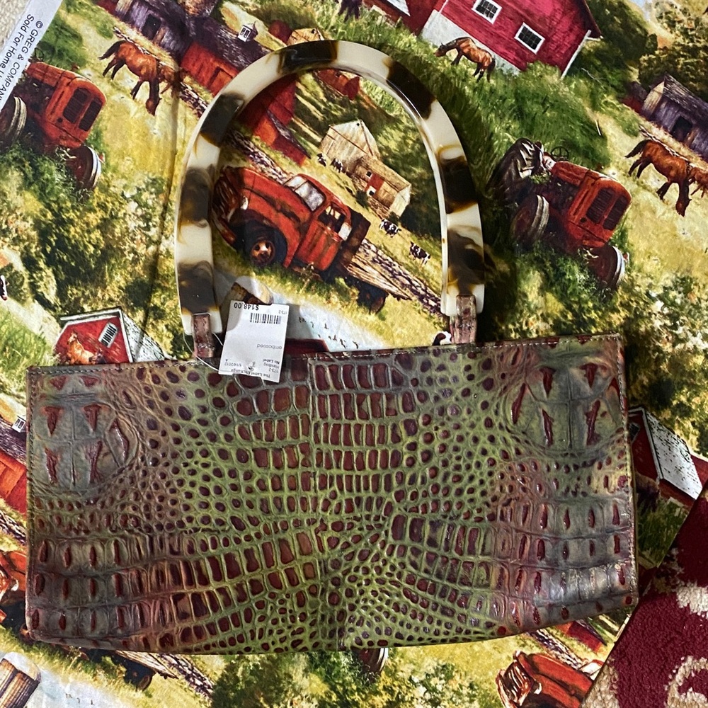 Roberto Vascon Croc-Embossed Green & Burgundy Top Handle Satchel
